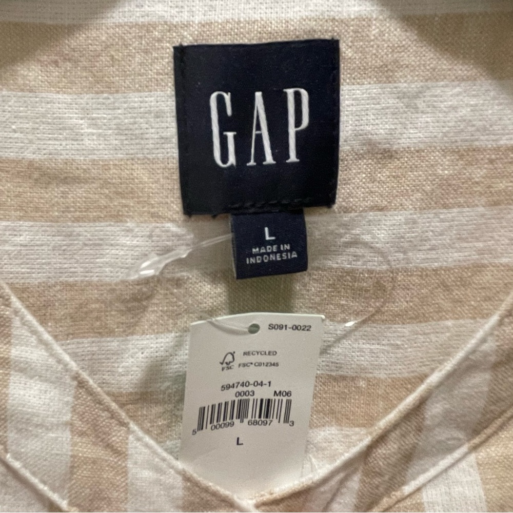 Gap Puff Sleeve Linen-Cotton Khaki Tan/White Strip Shirtdress Size Large New - Picture 5 of 6